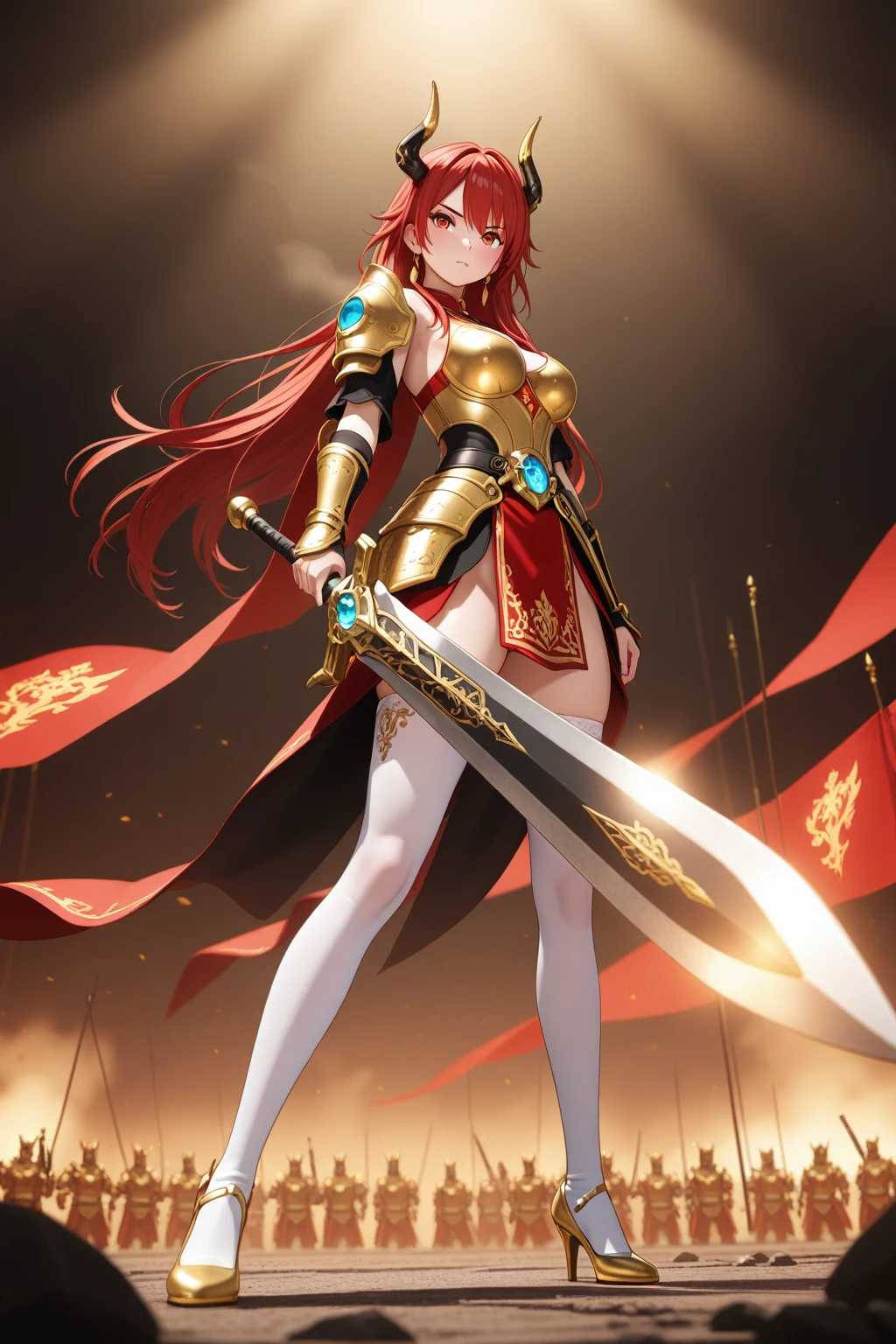 4K,High resolution,One Woman,Red Hair,long hair,Braid,Blue Eyes,Big Breasts,knight,Golden Armor,Full Armor,Golden gloves,Golden shoes,Red Cape,White leggings,Jewelry decoration,hair band,Long sword,Inside a medieval castle