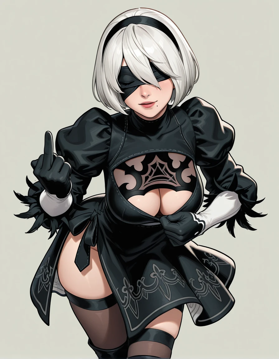 masterpiece, best_quality, 1girl, solo, yorha no. 2 type b, black blindfold, blindfold, wide hips, thighhighs,