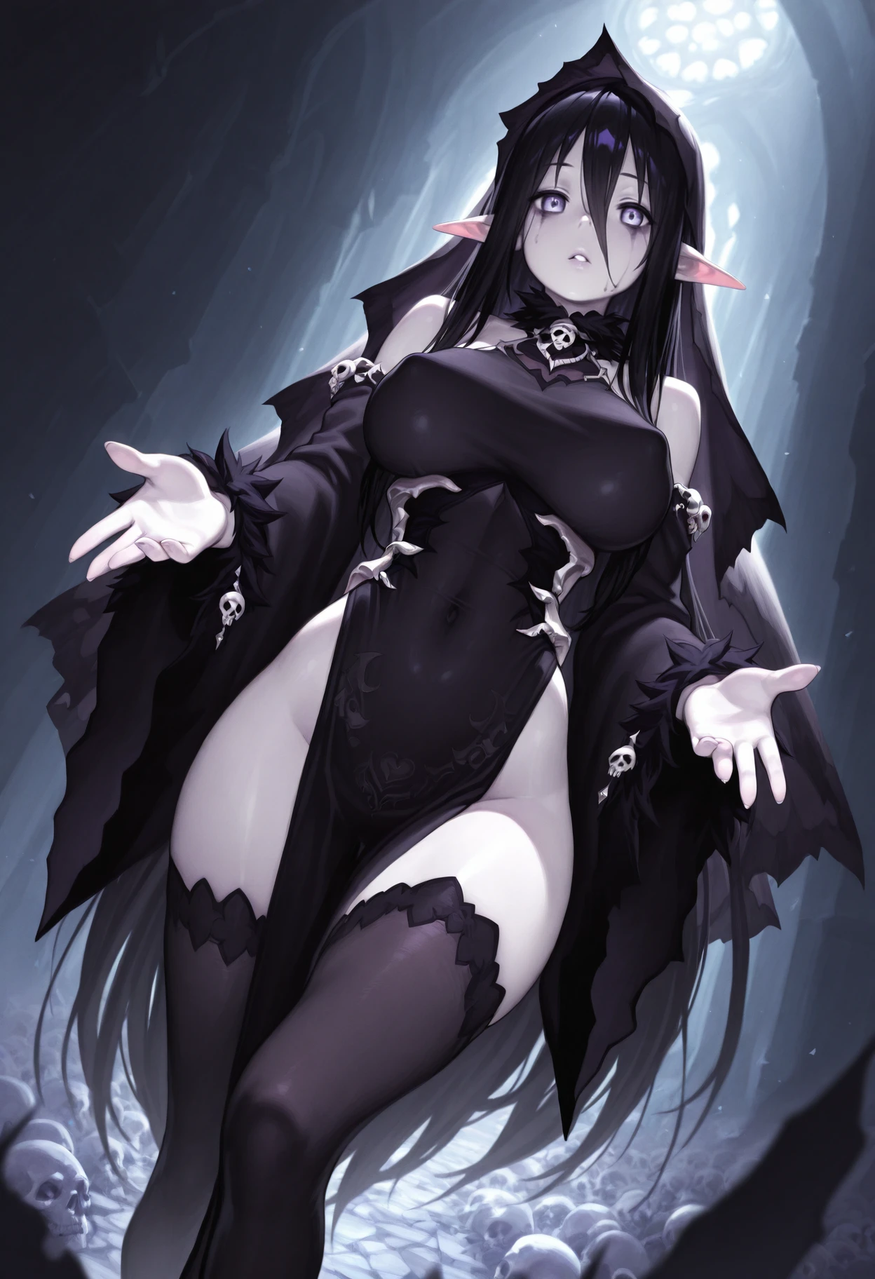 an image of a thin athletic sexy woman succubus in dirty torn tattered rags, fit woman, large round busty saggy breasts, she has three large breasts, triple tits, pale skin beauty, busting out large tits, barefoot with dirty foot wraps, busting out of dress, long stiff dirty hair,full body in view, small tight waist, sexy thick squishy thighs, tapered hips, tear drop shaped culito ass,she has horns on her head, black lips, black pupils, black sclera , black sclerosis, black nail polish on finger nails and toenails 