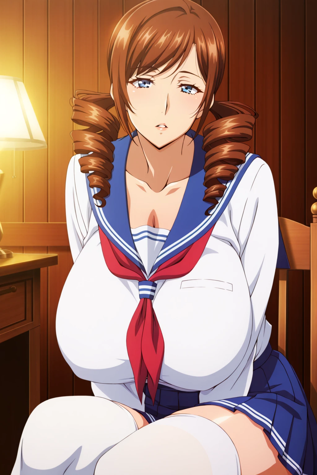 ((official art,anime screen cap、Super thin illustration、 High resolution, muste piece, best quality,best quality)),high quality, detailed, thighs, Foots, (brown hair、bob cut:1.2)、 shiny hair, (tight dress uniform suit), cool pose, (厚いthighs、big ass、very huge breasts、huge cleavage:1.2),(((bar)))、grinning grin、ultra fine painting, (best quality, In 4K, 8K, High resolution, muste piece:1.2),((accurate eye:1.2))、cute eyes、Slut、