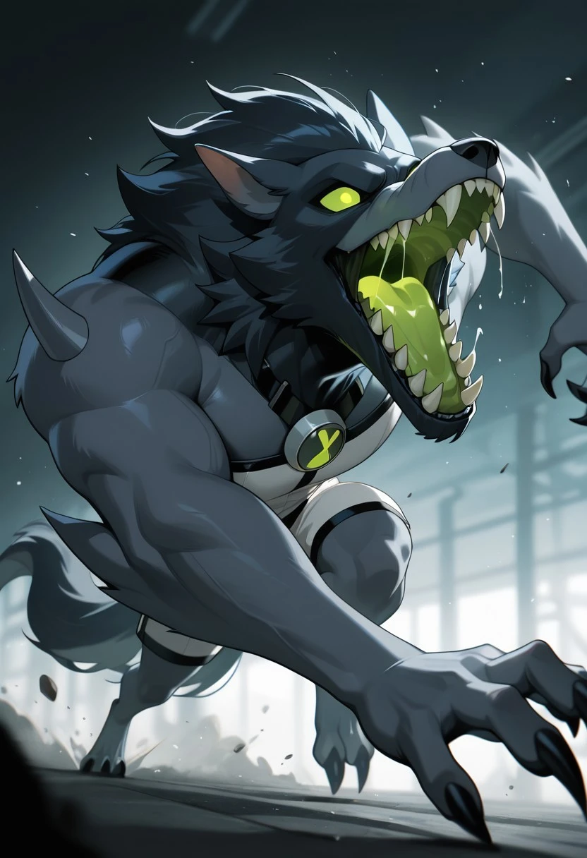blitzwolfer, furry, 1boy, solo, furry male, green eyes, wolf boy, sharp teeth, claws, tail, white clothing, black head, black neck, arm spikes, shoulder spikes,, gray snout, dark grey body, strapless, bald, no hair,
running, attacking, open mouth, howling, green shockwaves,
,((masterpiece, best quality, amazing quality, very aesthetic, absurdres, newest, cinematic,)),
