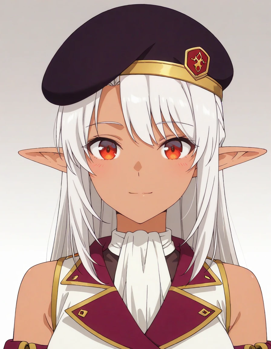 masterpiece, best quality, amazing quality, gradient background,
1girl, looking at viewer, solo, standing, upper body, straight-on, light smile, portrait, face focus,
<lora:silk_amberwood-aparida_s1-v2-ixl-anime-soralz:1>, silk amberwood (aparida), dark elf, long hair, white hair, pointy ears, red eyes,
beret, adventurer outfit 2, white top, detached sleeves, leotard under clothes