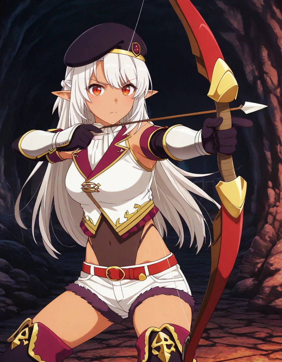 masterpiece, best quality, amazing quality, detailed background,
1girl, looking at viewer, solo, cave, fighting stance, dungeon, holding bow \(weapon\), serious,
<lora:silk_amberwood-aparida_s1-v2-ixl-anime-soralz:1>, silk amberwood (aparida), dark elf, long hair, white hair, pointy ears, red eyes,
beret, adventurer outfit 2, white top, ribbon, detached sleeves, shoulder armor, black gloves, highleg leotard, leotard under clothes, white shorts, fur-trimmed shorts, belt, black thighboots