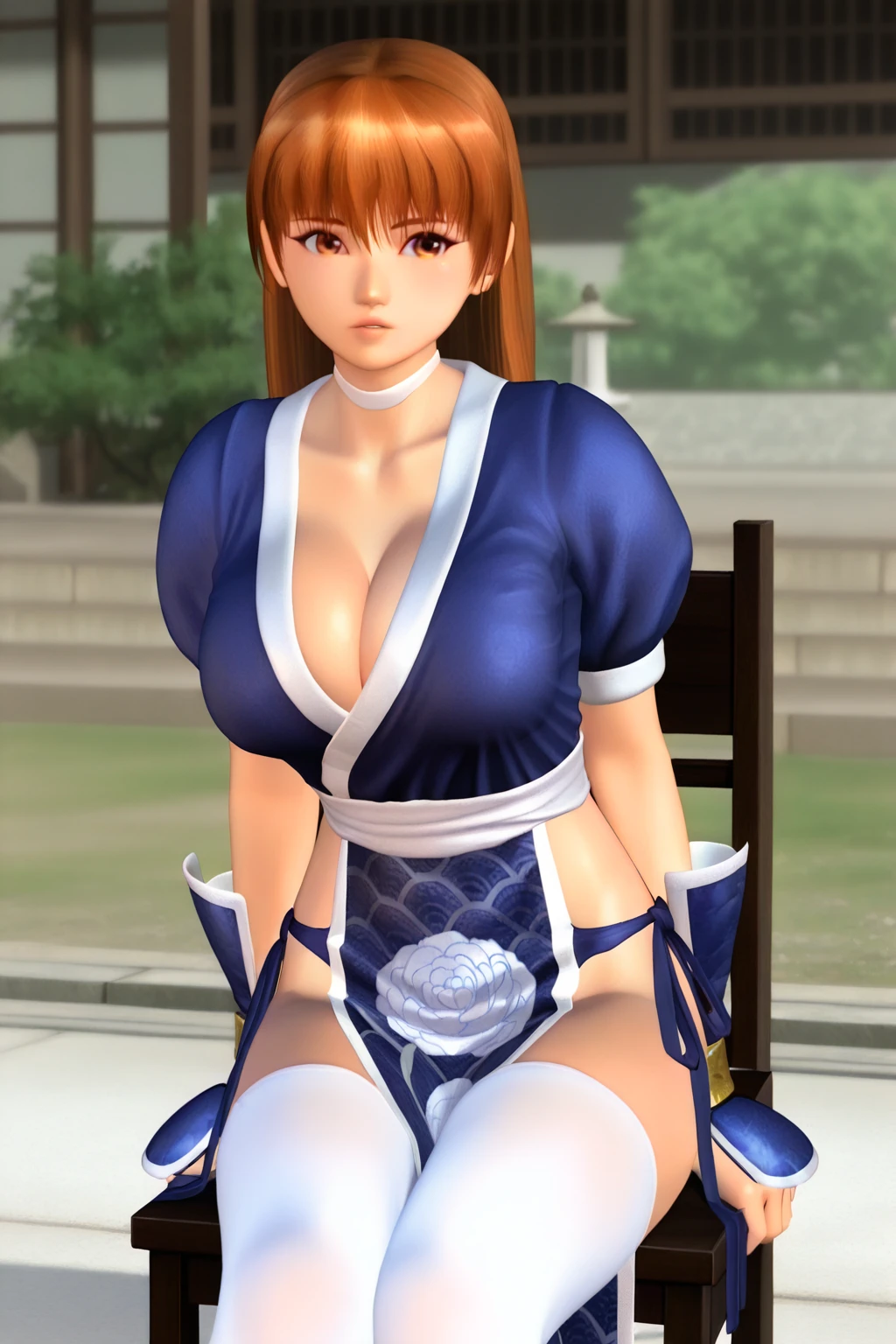 masterpiece, best quality, kasumi (doa), long hair, realistic, thighhighs,  crossed legs, thick thighs, bedroom, embarrassed,  <lora:kasumi-000018:0.7>