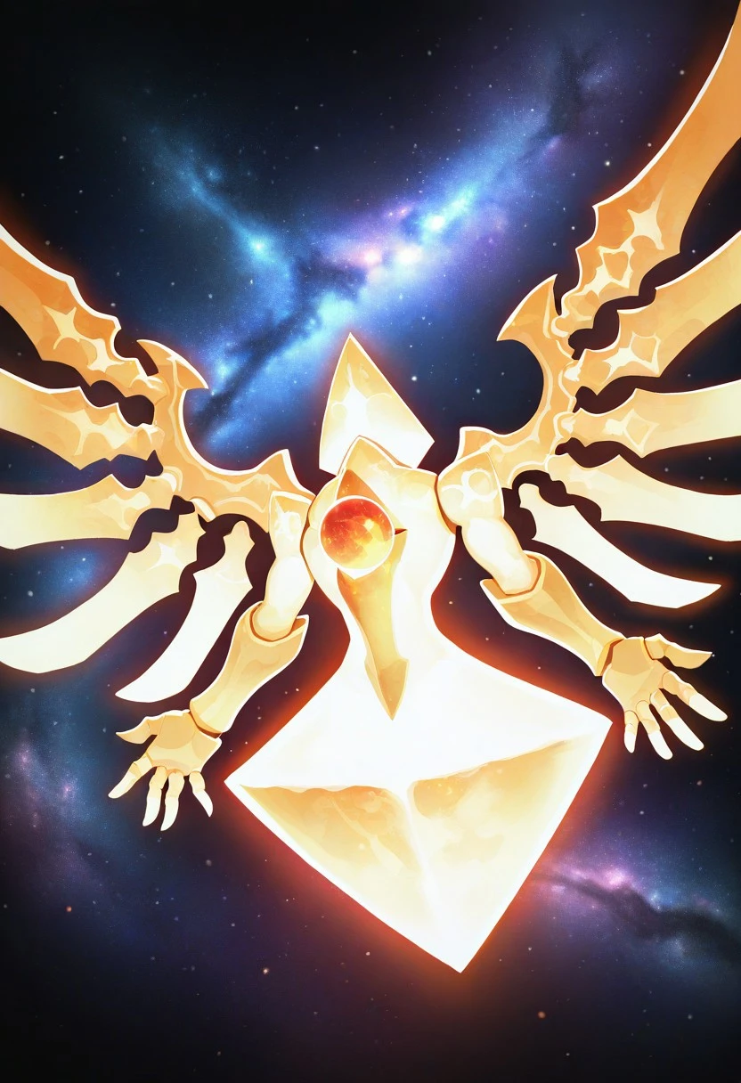 masterpiece, best quality, absurdres, solo male, Solaris, glowing gold skin, red orb in center, red eye, large wings, pointed bottom, gold arms, space, cosmos