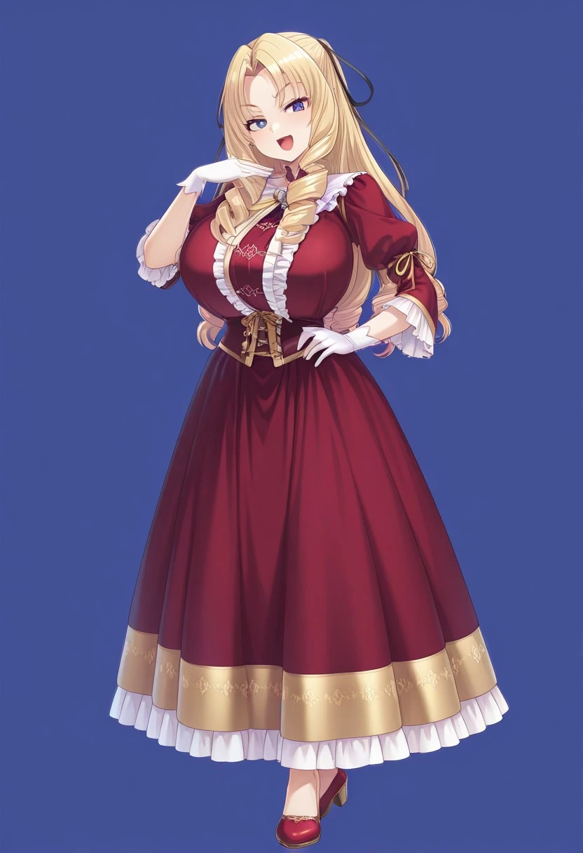 ticker, 1girl, solo, standing, upper body, facing viewer, blonde hair, long hair, hair intakes, long sidelocks, high ponytail, red eyes, looking at viewer, expressionless, emotionless, red dress, long skirt, red sleeves, hair ornament, puffy skirt, puffy sleeves, juliet sleeves, long sleeves, cleavage cutout, jewelry, large breasts, black background, simple background, (solid outline:1.2), <lora:easy_sticker:1> <lora:Fat:1.2>