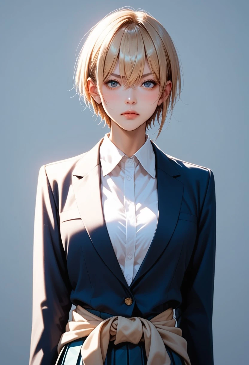 score_9, score_8_up, score_7_up, source_anime, extreme detail, absurdres, sharp focus, intricate, hyper detailed, blonde hair, short hair, around waist, collared shirt, navy skirt, side-swept bangs, big bright eyes, hair between eyes, pouting, pouty lips, school uniform, blazer, pleated skirt, soft lighting, BREAK anime style, intricate details, sharp focus, eye reflection, detailed eyes, shy, embarrassed, cinematic color grading, high-resolution texture, closed up,