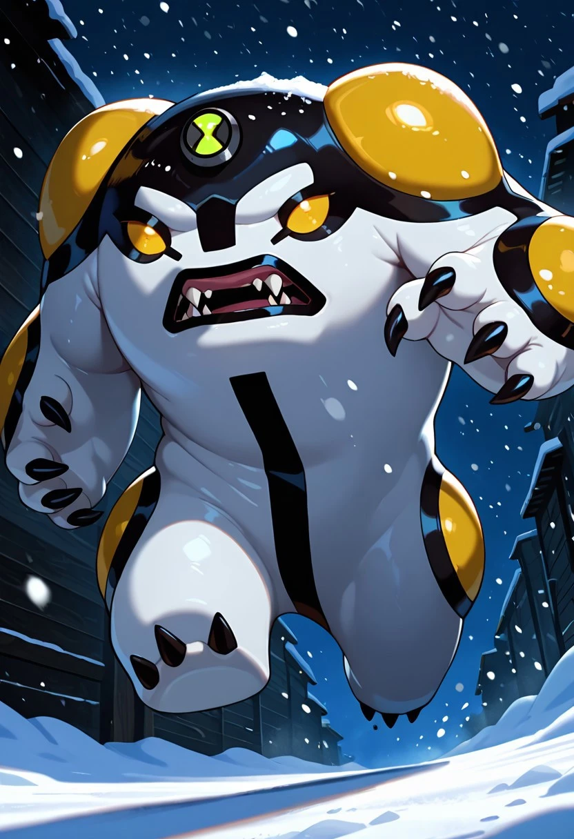 cannonbolt, claws, solo, pokemon (creature), no humans, yellow eyes, monster,
running, attacking, incoming punch, night time, snowing, 
,((masterpiece, best quality, amazing quality, very aesthetic, absurdres, newest,  cinematic,)),