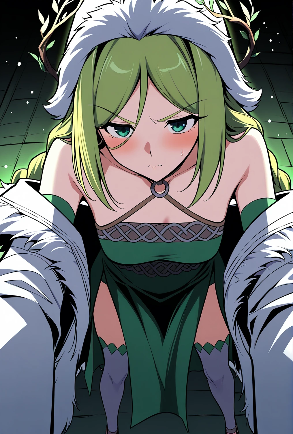 1girl, cc, Code Geass, masterpiece, best quality, aesthetic, early, mid, (green hair), yellow eyes, (medium breasts), close up shot, fangs, wolf ears, <lora:SDXL_LORA_CHARACTER_CC_V1:0.8>, confident, luxurious 19th century European dress, in 19th century European city, embarassed face, cumming face, nsfw, orgasm squrting, winter, snowing,