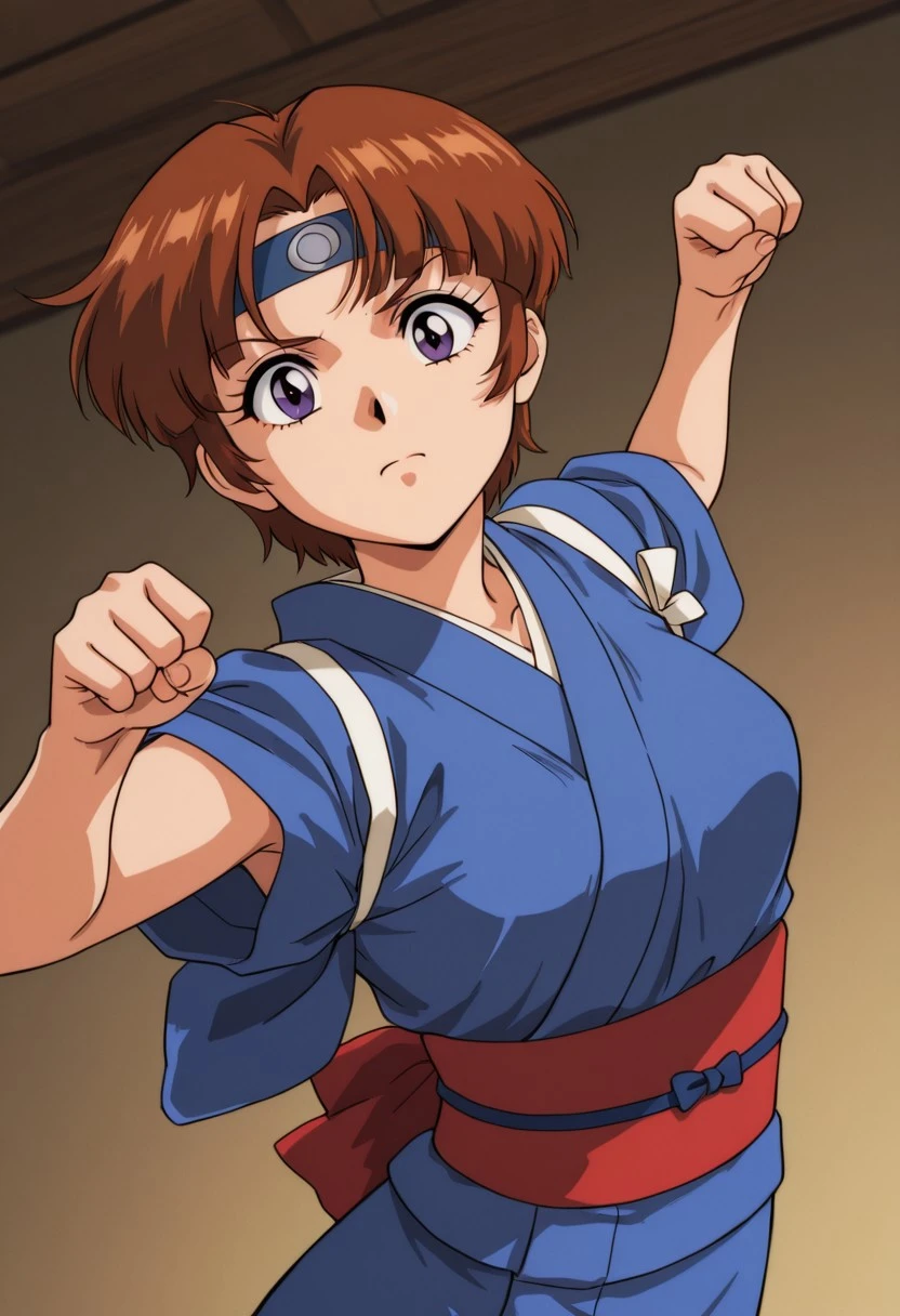 masterpiece, best quality, source_anime,official art,perfect_anatomy,1990s_\(style\),1girl, solo,Kasumi, short hair, orange-brown hair, dark purple eyes, blue ribbon with a gray circle on the forehead, , slim, looking at the viewer, blue kimono, red sash, short sleeves, <lora:korean-girl-in-a-gru-scarf-punching-illustriousxl-lora-nochekaiser:1>, looking at viewer,  punching, clenched fist, solo,