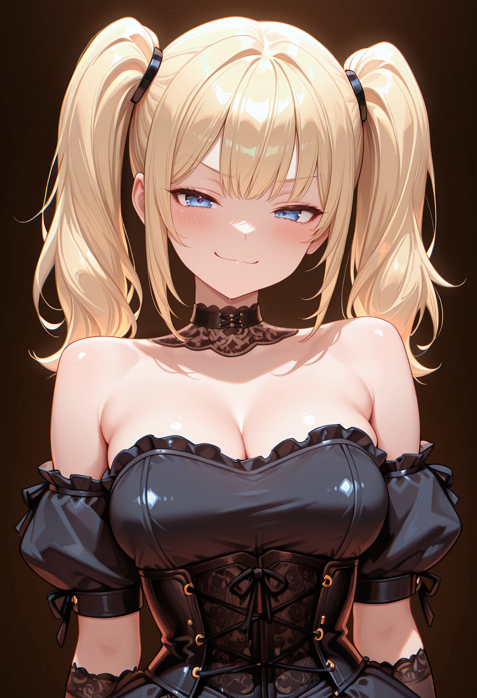 blonde hair, blue eye,dull bangs,20-year-old,infp young woman,closed mouth, (innocent_big_eye:1.0),light smile,official art,shiny skin,super detailed,High resolution,(absurd:1.2),huge breasts,looking at the viewer,standinus step piece)),((highest quality)),perfect anatomy,8k UHD,highly detailed face,shiny and glossy,((1 girl)),((alone)),(Beautiful detailed eye:1.5),perfect image,(Upper body:1.1),(look ahead:1.1),turn your arms behind your back,slim waist,lingerie,Bedroom,deep cleavage,(sensitive smile:1.3),