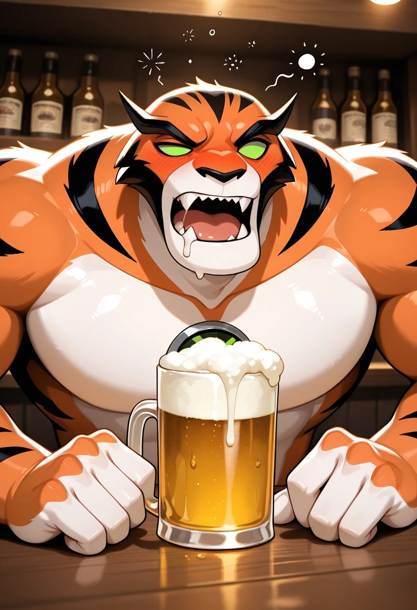 rath, furry, 1boy, green eyes, green sclera, solo, no humans, tiger strips , fangs, orange skin, sharp teeth, big arms, no pupils, big body, black eyebrows, white fingers,
drunk, drunk effect, uneven eyes, mug of beer, pint of beer, inside bar, drool, open mouth, hands on table,
,((masterpiece, best quality, amazing quality, very aesthetic, absurdres, newest, cinematic,)),