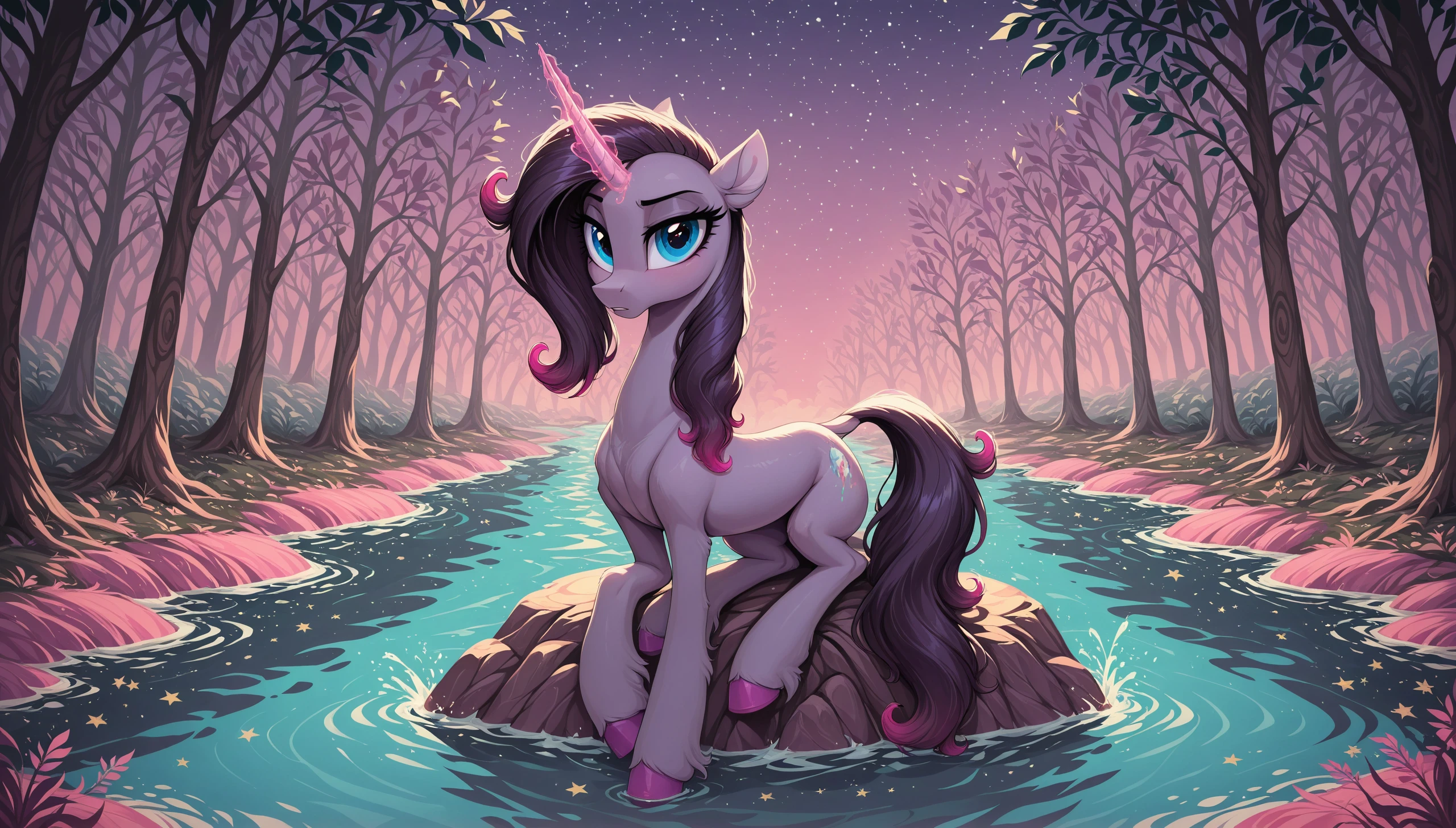 (Derpibooru_p_95), <lora:PonyV4Misty:1>, unicorn, pony, Misty, solo, very beautiful, best quality, perfect anatomy, (body fur), masterpiece, (safe), purple hooves, cute, long curly purple and green mane, forest and stream background