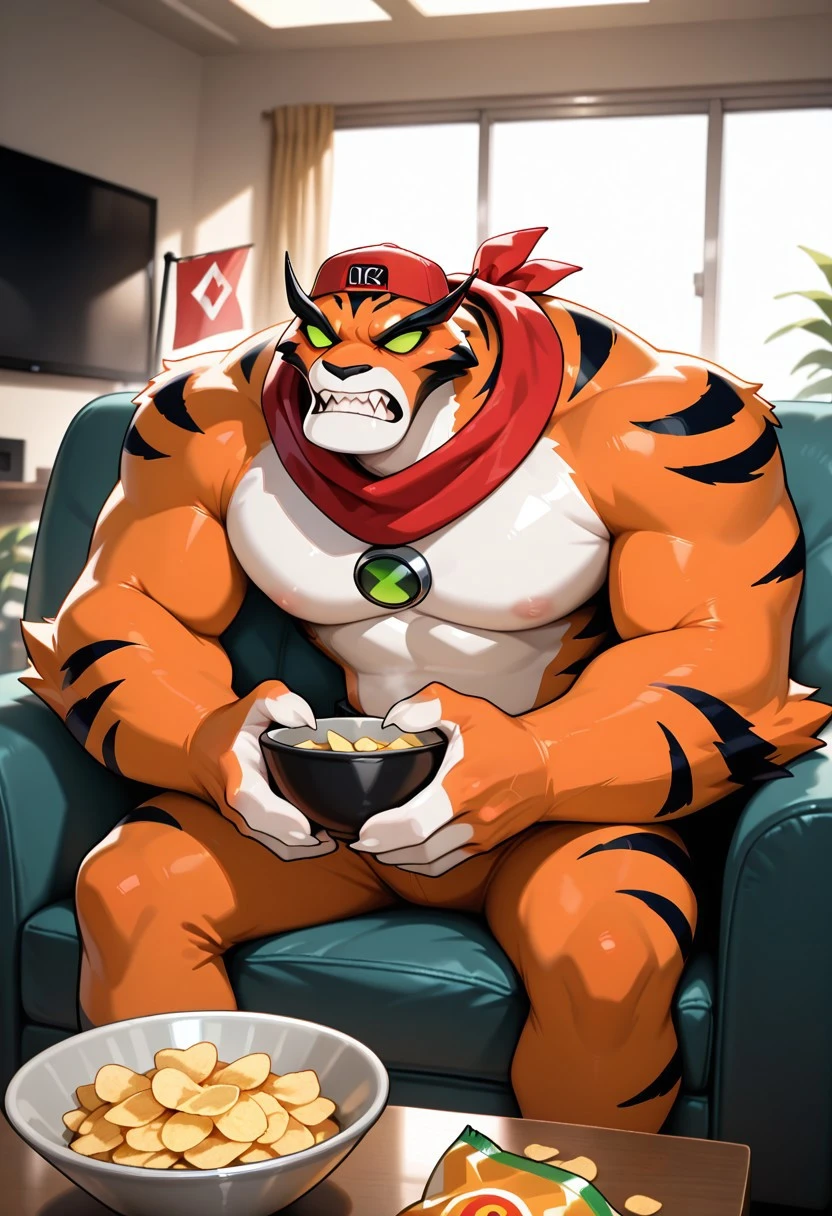 rath, furry, 1boy, green eyes, green sclera, solo, no humans, tiger strips , fangs, orange skin, sharp teeth, big arms, no pupils, big body, black eyebrows, angry,, white fingers,
sitting, on couch, watching tv, living room, bowl of chips, angry, red cap, red scarf, holding small red flag,
,((masterpiece, best quality, amazing quality, very aesthetic, absurdres, newest, cinematic,)),