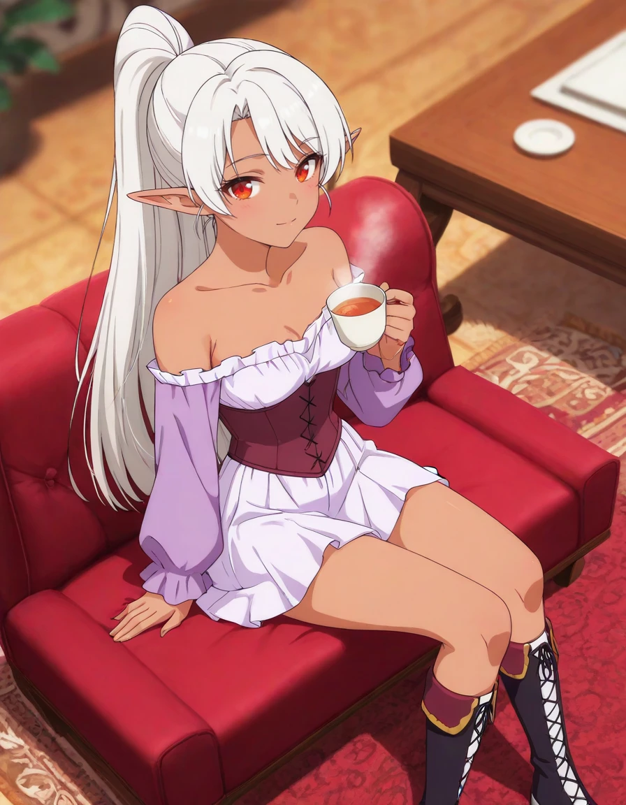 masterpiece, best quality, amazing quality, blurry background,
1girl, solo, sitting, red sofa, from above, drinking tea, steam, table, light smile, looking at viewer, carpet,
<lora:silk_amberwood-aparida_s1-v2-ixl-anime-soralz:1>, silk amberwood (aparida), dark elf, long hair, white hair, pointy ears, red eyes,
alternate hairstyle, ponytail, casual outfit, off-shoulder dress, corset, knee boots, lace-up boots