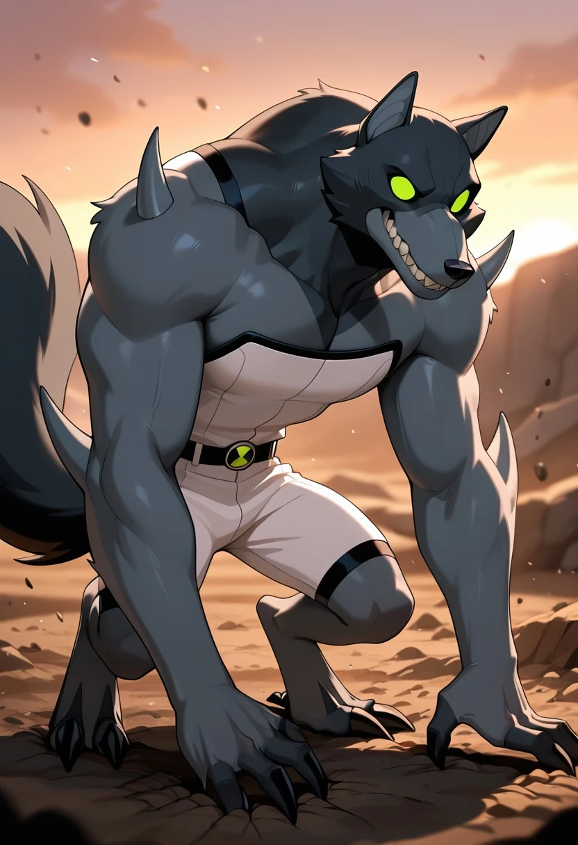 blitzwolfer, furry, 1boy, solo, furry male, green eyes, wolf boy, sharp teeth, claws, tail, white clothing, black head, black neck, arm spikes, shoulder spikes,, gray snout, dark grey body, strapless, bald, no hair, no mane,
digging in ground, outdoors, dog behavior, smile,
,((masterpiece, best quality, amazing quality, very aesthetic, absurdres, newest, cinematic,)),