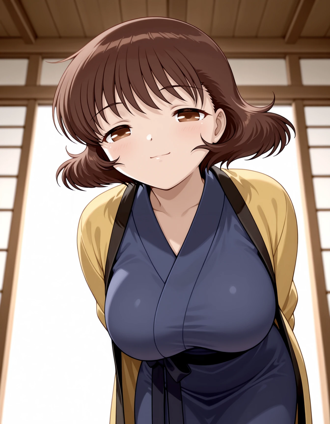 A middle-aged woman named Minako Kazama, standing and smiling warmly. She is around 155 cm tall with a healthy, average build that gives her a soft and gentle appearance. She has light brown hair in a medium length, just touching her shoulders, with straight bangs that give her a cute and youthful look. Her face is round and friendly, with large, bright eyes that resemble her son Daisuke's. She is 4, and her appearance reflects a clear sense of maturity and experience, with visible wrinkles around the eyes, forehead, and mouth, giving her a distinctly mature appearance while still maintaining her cheerful and warm demeanor. The image should convey a strong sense of her age while still showing her warm and comforting presence.