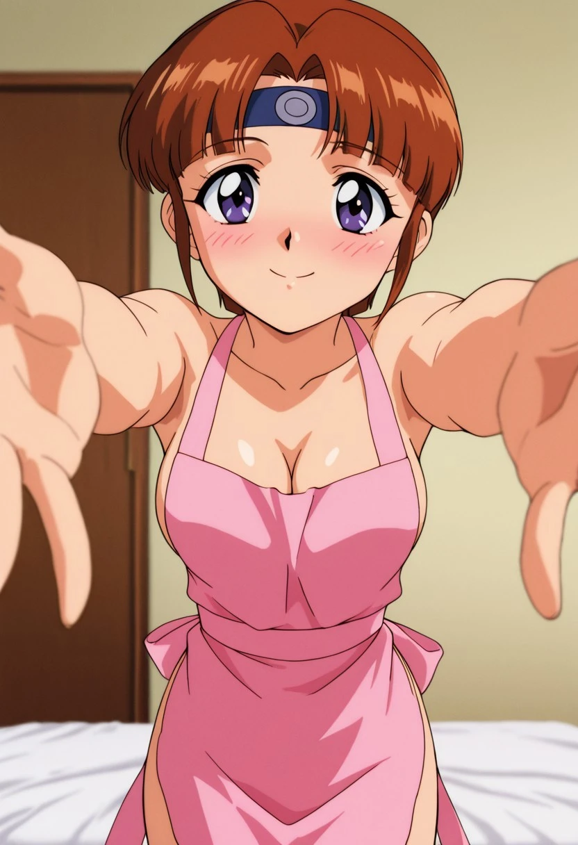 masterpiece, best quality, source_anime,official art,perfect_anatomy,1990s_\(style\),1girl, solo,Kasumi, short hair, orange-brown hair, dark purple eyes, blue ribbon with a gray circle on the forehead, medium breasts, slim, looking at the viewer, pink apron, cleavage, naked, <lora:incoming-hug-ponyxl-lora-nochekaiser:1>, incoming hug, looking at viewer, reaching, reacing towards viewer, outstretched arms,, bedroom, smile, blush, cowboy shot,