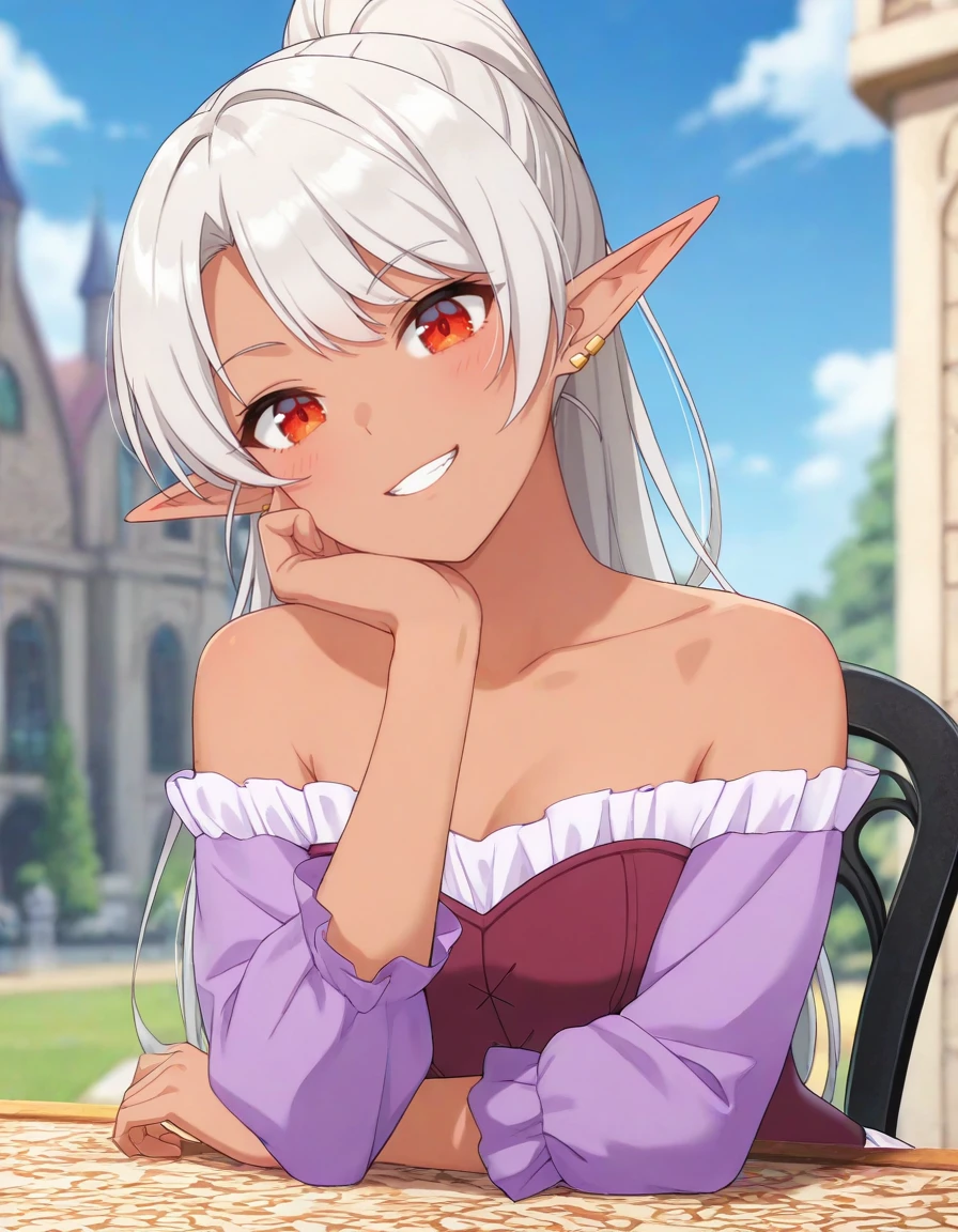 masterpiece, best quality, amazing quality, blurry background,
1girl, solo, across table, hand under own chin, arm support, head tilt, grin, looking at viewer, royal place, outdoors, blue sky,
<lora:silk_amberwood-aparida_s1-v2-ixl-anime-soralz:1>, silk amberwood (aparida), dark elf, long hair, silver hair, pointy ears, red eyes,
alternate hairstyle, ponytail, casual outfit, off-shoulder dress, corset, ear piercing