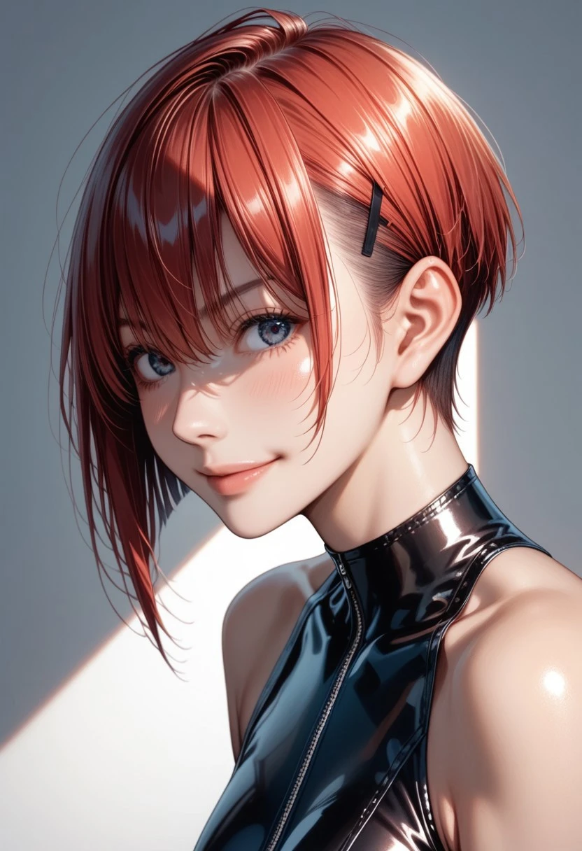 score_9, score_8_up, score_7_up, source_anime, extreme detail, absurdres, sharp focus, intricate, hyper detailed, red hair, very short hair, ((very short bob, low volume hair:1.5, flat hairstyle:1.5, round silhouette:1.5, sleek hair, thin hair, soft hair, tucked both sides of hair behind ears, pinned hair)), strap, body strap, nipple peek, wearing latex plugsuits, body stoking, see-through, big bright eyes, hair between eyes, gentle smile, soft lighting, BREAK anime style, intricate details, sharp focus, eye reflection, detailed eyes, pouting lips, pouting, shy, embarrassed, cinematic color grading, high-resolution texture,  leaning onto chair, front view,