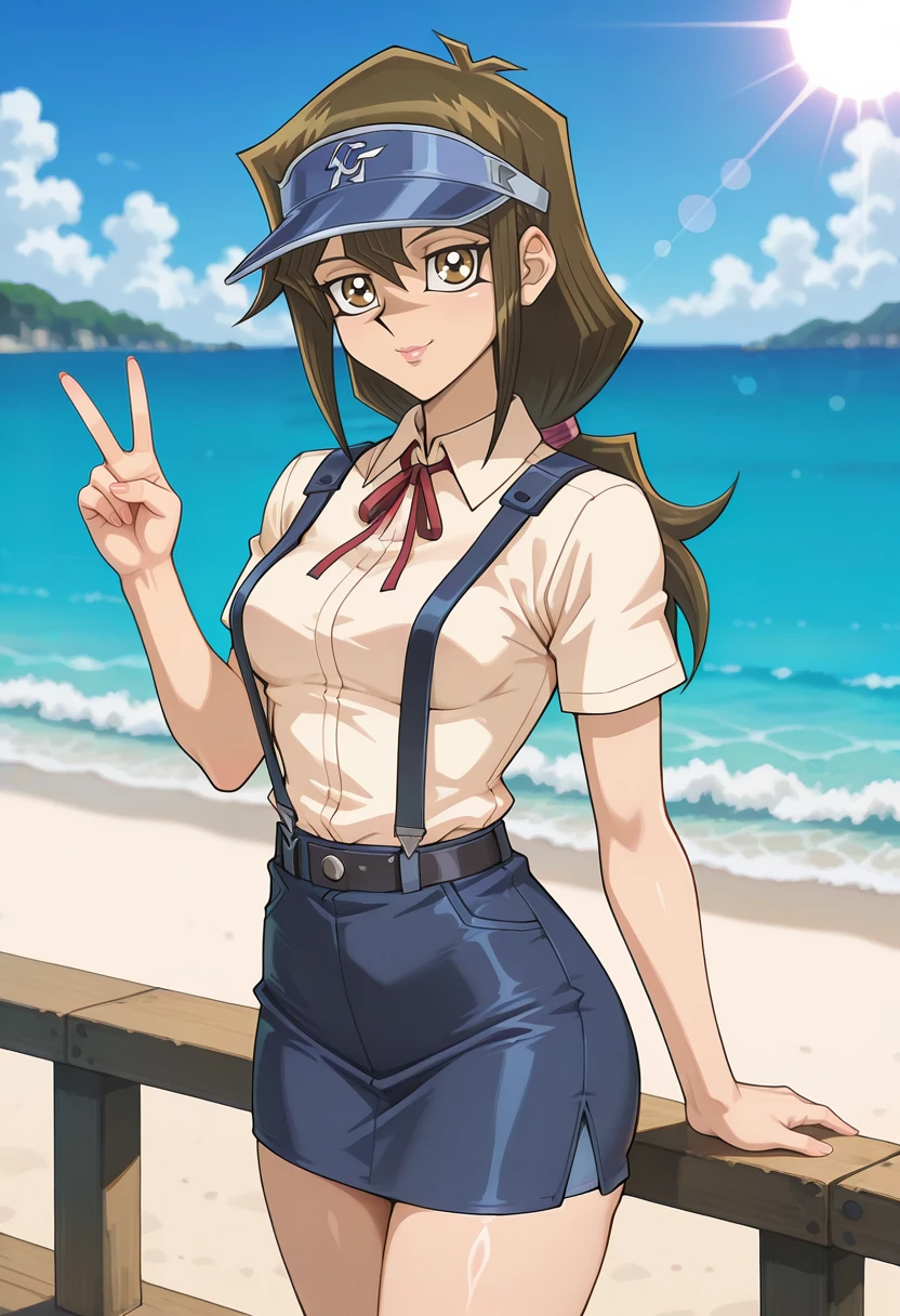 masterpiece, best quality, highres, 1girl, suzumiya haruhi, solo, superhero, leotard, bare legs, brown hair, short hair, brown eyes, hairband, medium hair, ribbon, boots, matching boots, medium breasts, cowboy shot, standing, smile, outdoors,