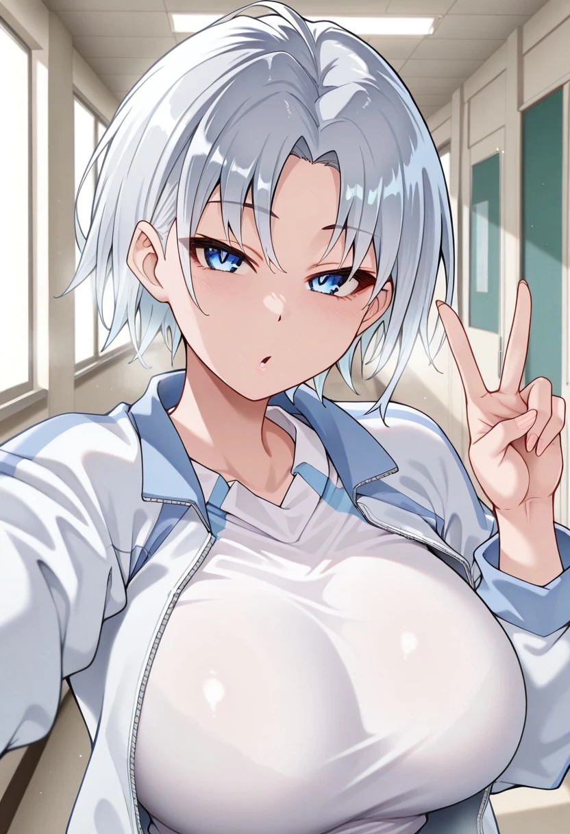 NSFW,Tomotake Yoshino,Long Hair、Gray Hair、High Ponytail、Hair Intake、hair ornaments、Parted bangs、blue eyes,Embarrassed,blush,In heat,A wistful look,Turtleneck sweater,Sleeveless,Shorts,(Perfect hands),(Perfect Anatomy),(masterpiece),(highest quality),Luxury Room