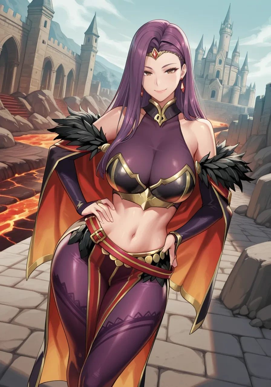 masterpiece, best quality, respSonya, circlet, black cape, feather trim, cleavage, bare shoulders, midriff, purple pantyhose
