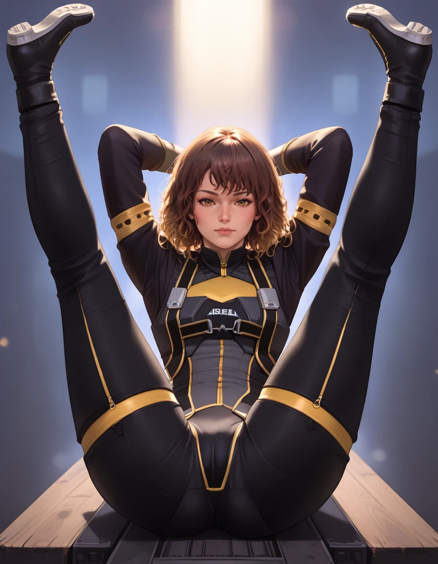 ((Highest quality)), ((masterpiece)), (detailed:1.4), 3d, detailedな筋肉のリアルなmasterpieceを持つカメラを見ている美しいサイバネティックガール, Beautiful cyberpunk woman image,High resolution (High Dynamic Range),Ray Tracing,NVIDIA,Super Resolution,Unreal 5,Scattered beneath the surface,PBR Texturing,Post-processing,Anisotropic Filtering,Depth of written boundary,Maximum clarity and sharpness,Multilayer Texture,Albedo and Specular Maps,Surface Shading,Accurate simulation of light-matter interactions,Perfect Proportions,Octane Rendering,Two-tone lighting,wide aperture,Low ISO,White balance,Three-part method,8K RAW, Active Pause, Action pose, Gold Parts, fringe, Short-haired, coastal,(A faint smile),(Background is Moon:1.1)(From below),(squat:1.3),masterpiece,8k,Silicone Skin