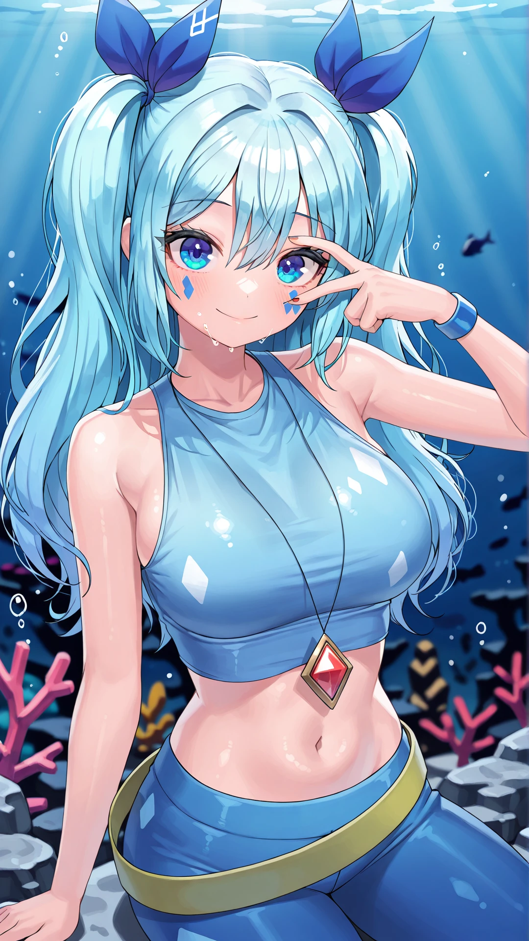 (masterpiece, best quality), 1girl, solo, 18 years old, Slimecore, monster girl, slime girl, smile, blue slime, cowboy shot, strapless tank top, shorts