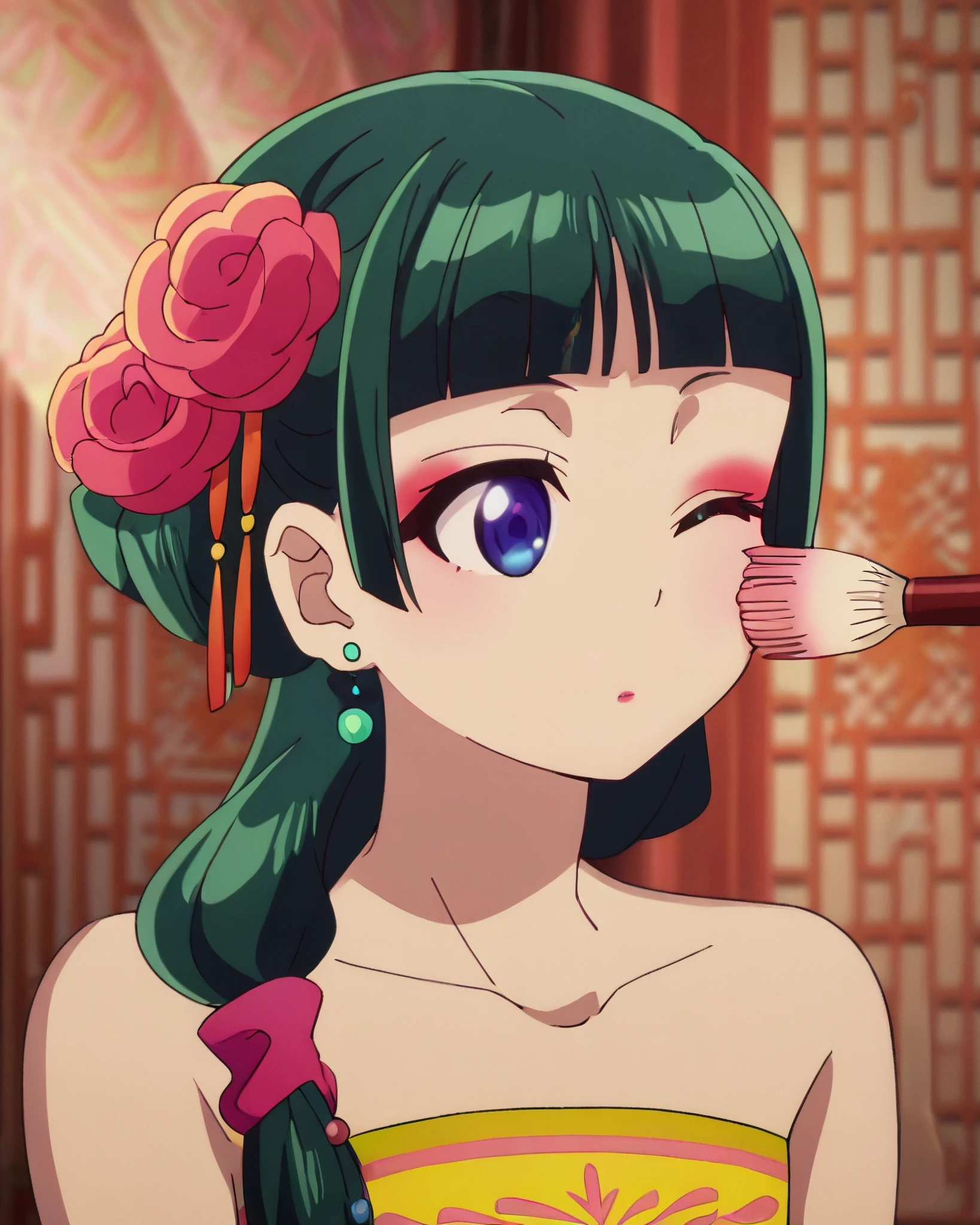 maomao_prostitute,1girl,green hair,blue eyes,hair ornament, hair flower,jewelry,earrings,long hair,bare shoulders,
makeup brush pressing right cheek, dense soft bristles, angled brush head, applying blush, brush tip flattened against skin, right eye closed, neutral expression, one eye open, cosmetic application in progress, front-facing close-up, symmetrical framing, close up face,
indoor, ancient chinese interior, palace room, historical drama,