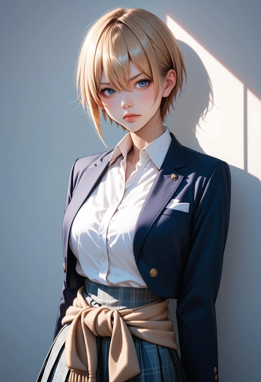 score_9, score_8_up, score_7_up, source_anime, extreme detail, absurdres, sharp focus, intricate, hyper detailed, blonde hair, short hair, around waist, collared shirt, navy skirt, side-swept bangs, big bright eyes, hair between eyes, pouting, pouty lips, school uniform, blazer, pleated skirt, soft lighting, BREAK anime style, intricate details, sharp focus, eye reflection, detailed eyes, shy, embarrassed, cinematic color grading, high-resolution texture, closed up,