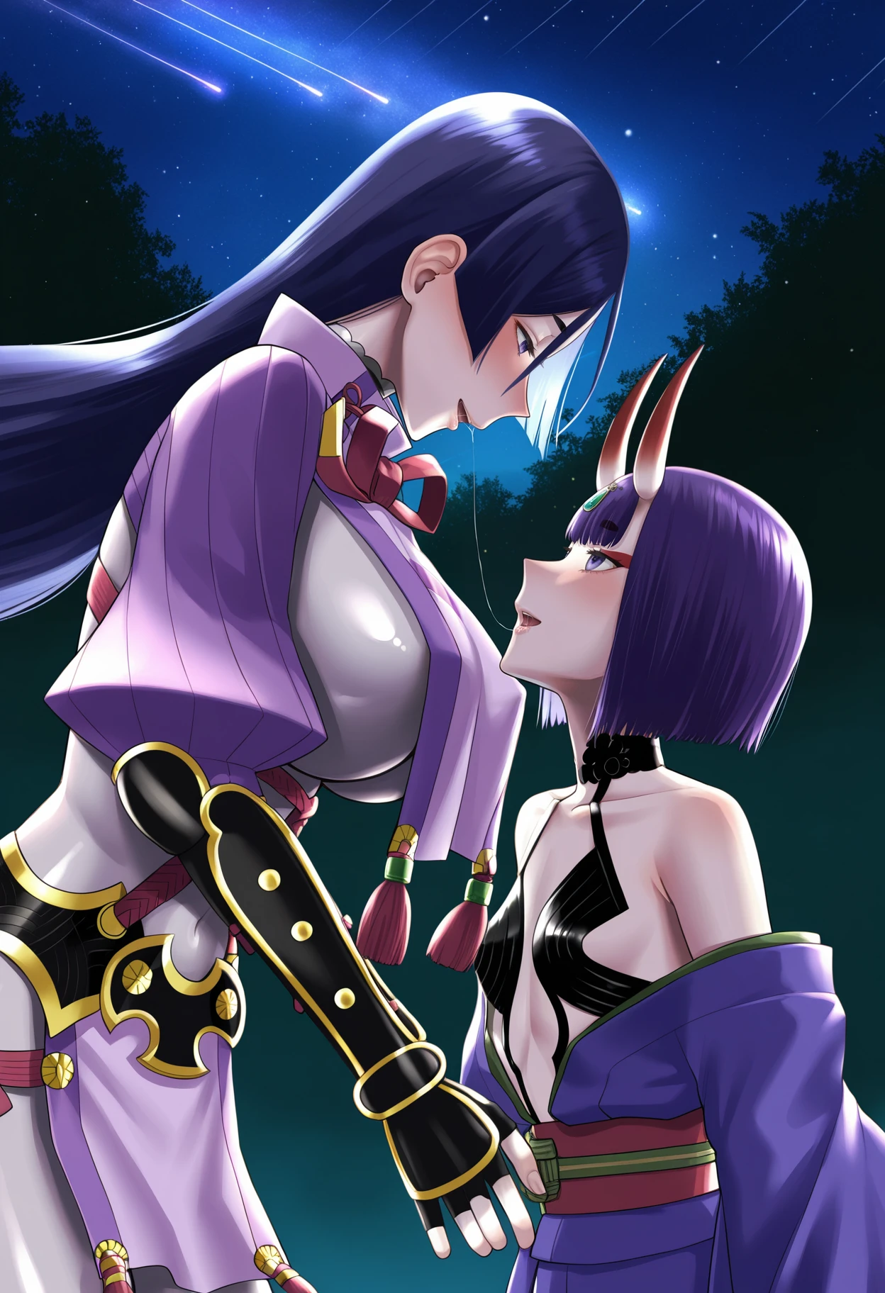 score_9, score_8_up, score_7_up, source_anime, 1man, 1girl, Shinobu Kochou, torn clothes, exposed breasts, bondage, arms behind back, tearing, ruined maskara, cum out of nose, kneeling, tiptoes, deepthroat, throat bulge, big cock, lods of cum, head grab, side view, at forest