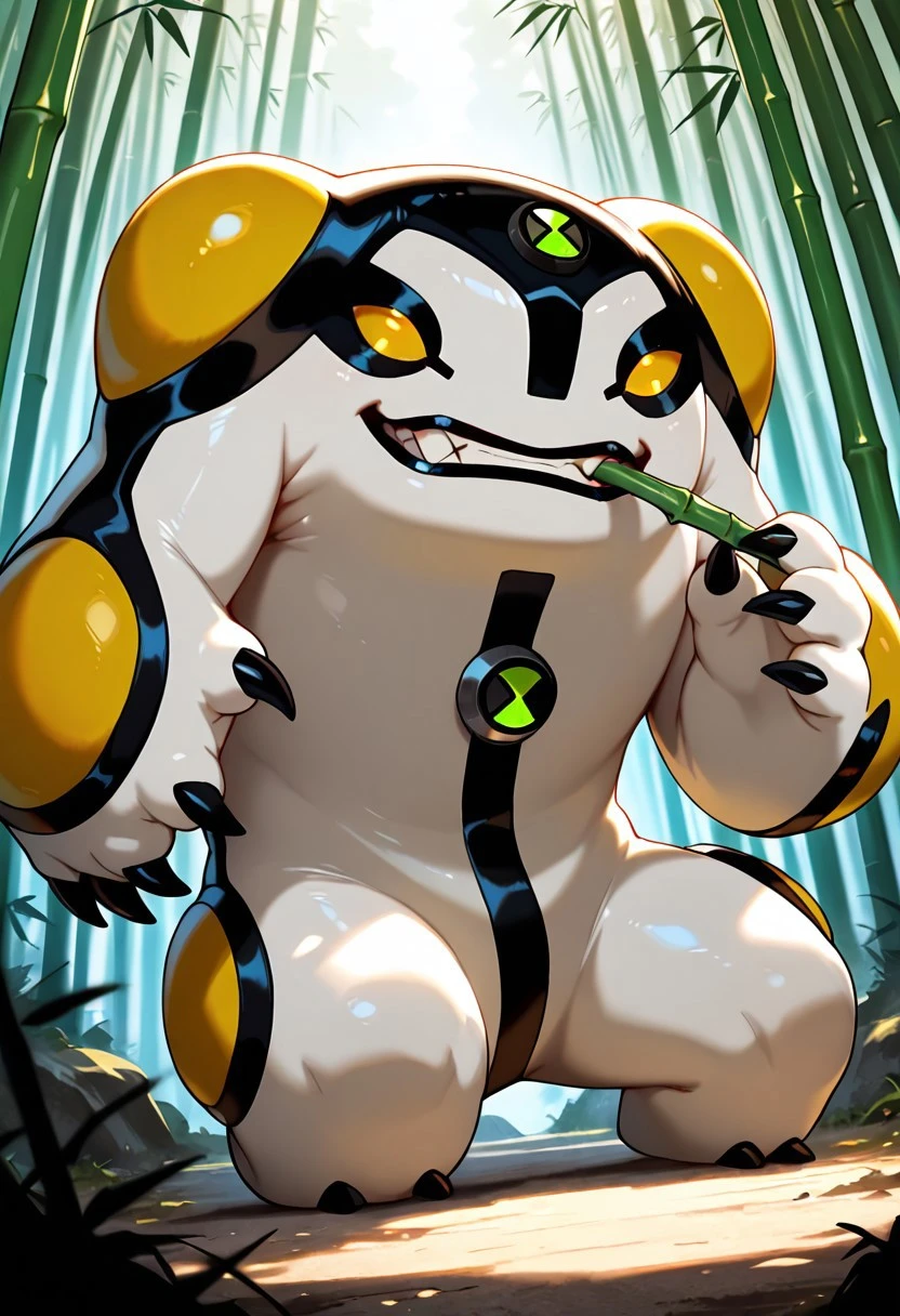 cannonbolt, claws, solo, pokemon (creature), no humans, yellow eyes, monster,
on the ground, bamboo forest, eating bamboo, smile, teeth,
,((masterpiece, best quality, amazing quality, very aesthetic, absurdres, newest, cinematic,)),