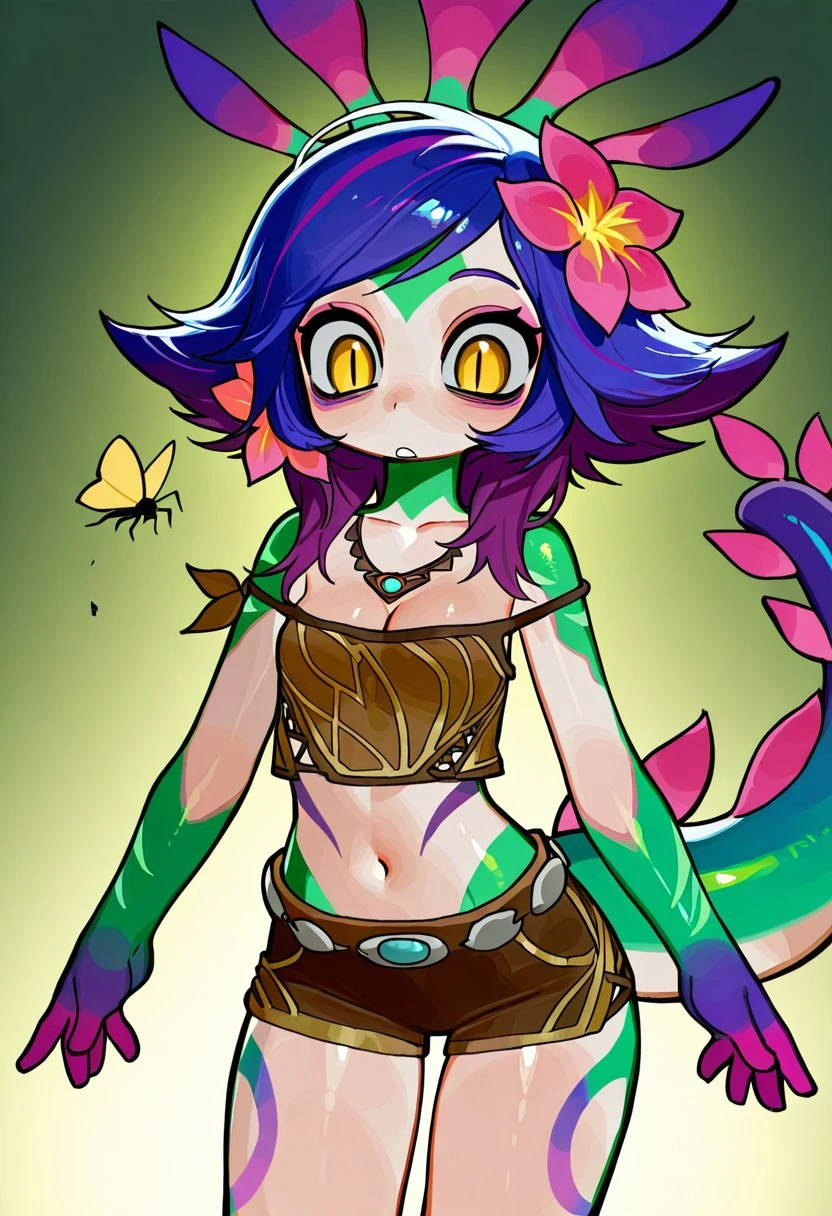 best illustration, illustration, vibrant colors, masterpiece, best quality, absurdities, 1girl, beautiful face, detailed eyes, looking at viewer, contrapposto, seductive, sexy, standing, full body, neeko, facial marks, hair ornaments , flower hair, necklace, lizard tail, multicolored skin, body paint, brown top, black panties, walking in public, embarrassed, red with embarrassment, panting