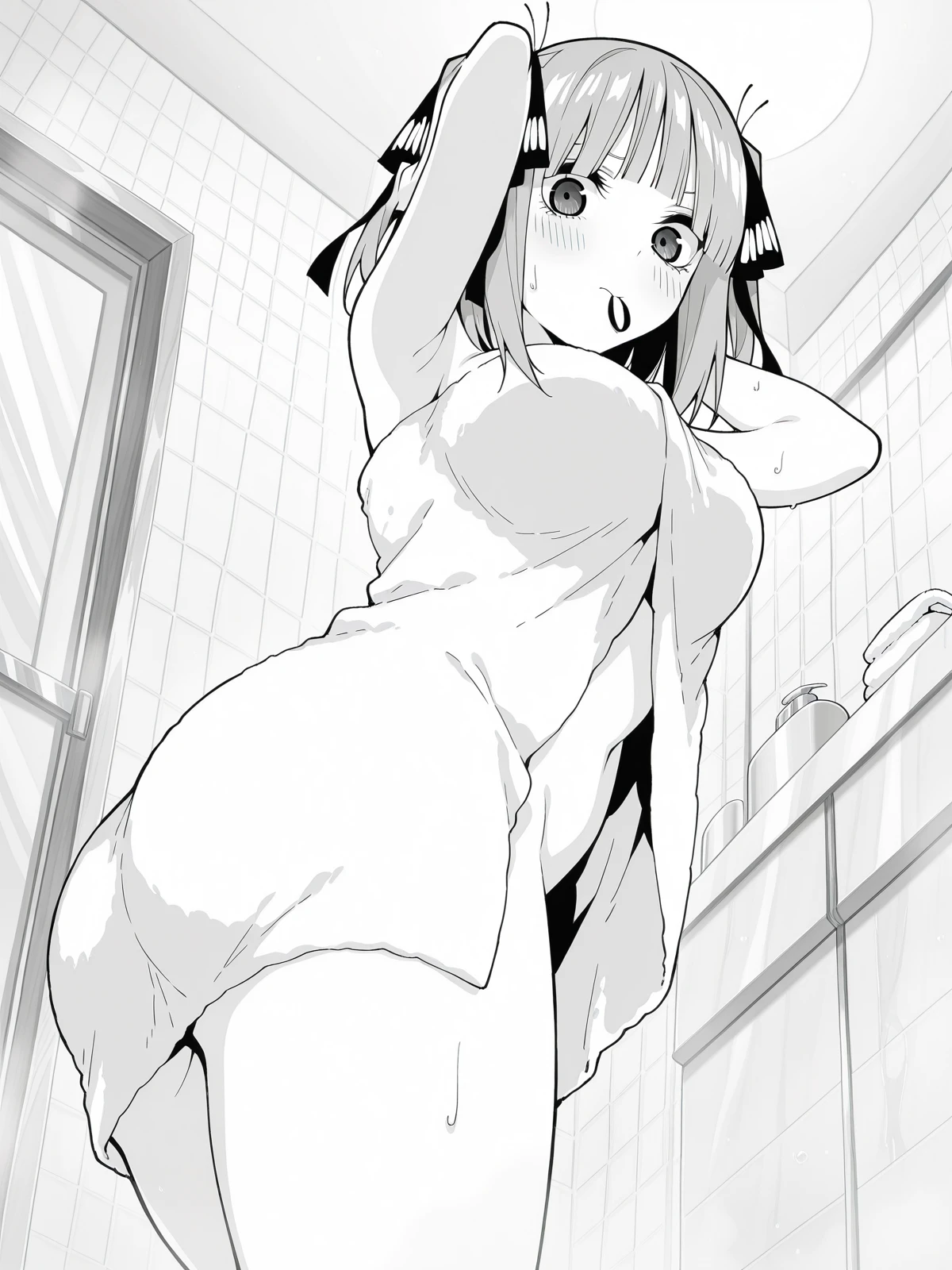 mikasa, a woman, full body frame, short hair, pretty eyes, perfect eyes, blushing, blushed face, mouth open, looking at viewer, naked, nude, nudity, big breasts, huge breasts, in shower, taking shower, hentai