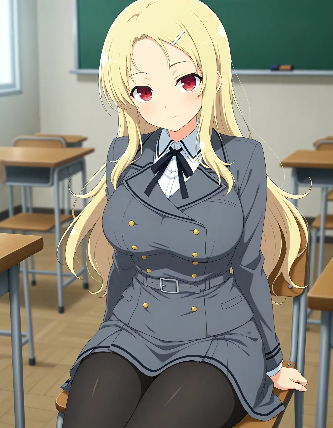 <lora:dmd2-lighting8step_cfg1.5:1>,official style,masterpiece,best quality,newest,very aesthetic,highly detailed,high resolution,absurdres,highres,depth of field,super detailed skin,very awa,Anime,anime coloring,anime screencap,shiki \(senran kagura\),long hair,blonde hair,hairclip,red eyes,large breasts,<lora:SK Shiki_(Senran_Kagura)_V1:1>,school uniform,grey jacket,neck ribbon,black ribbon,white shirt,double-breasted,black pantyhose,grey belt,grey skirt,sitting,classroom,chair,