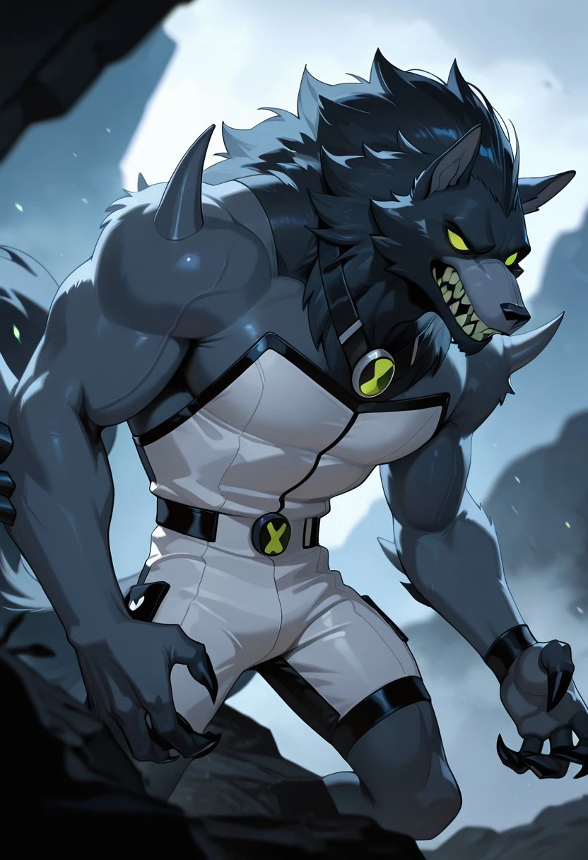 blitzwolfer, furry, 1boy, solo, furry male, green eyes, wolf boy, sharp teeth, claws, tail, white clothing, black head, black neck, arm spikes, shoulder spikes,, gray snout, dark grey body, strapless
,((masterpiece, best quality, amazing quality, very aesthetic, absurdres, newest, cinematic,)),