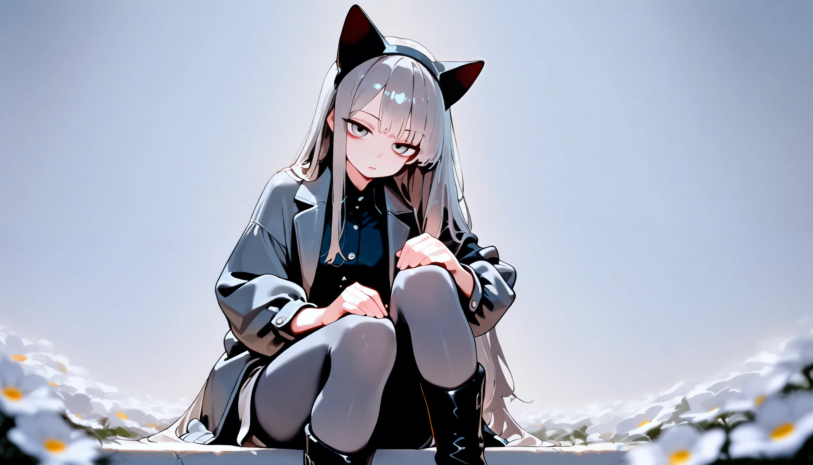 Masterpiece, high quality, high resolution, perfect face, realistic skin texture, young girl, alone, solo, lolita, chibi, marquise daughter, daughter fashion, feminine fashion, focused gaze, bangs, skirt, long sleeves, uniform, full body, black pantyhose, outdoor, shoes, seraphook, bangs, blurred, stylish skirt, Black pantyhose, hair in a bun, unusual nostalgic view of the world, fine cobblestones, distant background, artistic shading, best illustration of a beautiful woman, resting head, girl making a mocking gesture, movie scene, expressive actor