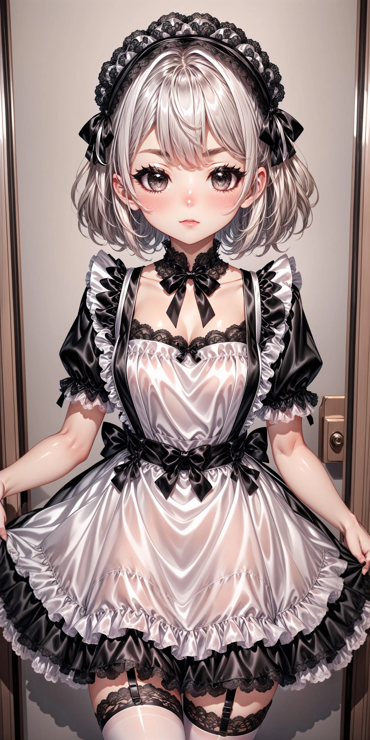 White and Black Lace-Trimmed Shiny Satin Apron Maid Dress V1