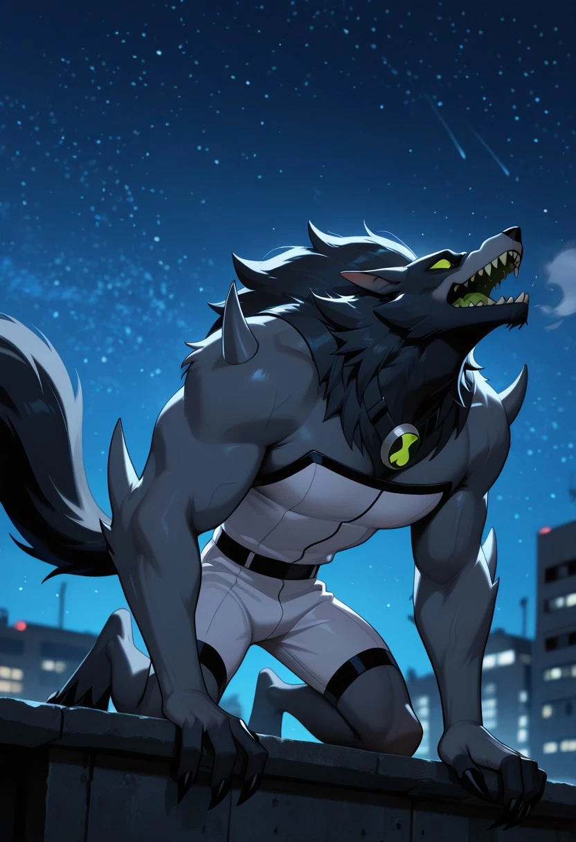 blitzwolfer, furry, 1boy, solo, furry male, green eyes, wolf boy, sharp teeth, claws, tail, white clothing, black head, black neck, arm spikes, shoulder spikes,, gray snout, dark grey body, strapless, bald, no hair,
howling, on top of building, night sky,
,((masterpiece, best quality, amazing quality, very aesthetic, absurdres, newest, cinematic,)),