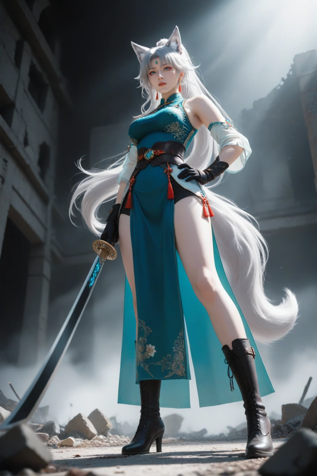 (man),(1boy),(Looking up),Holding weapons,solo,looking_down,full body,tool nose,( long katana), (Aim the weapon at the ground),from bottom to top,realistic,reality,rim light,Cinematic Lighting,metallic luster,wide_shot,from_below,depth of field,eye-contact,knee boots, Holding weapons, Looking up, photograph, female, white hair, long hair, Long Warrior Sword, Katana, cat ears, fantasy, anime style, sword, standing, holding sword, medieval armor, teal dress, black gloves, black shoes, high heels, sexy, attractive, pale skin, blue eyes, cat tail, digital art, detailed, realistic, fantasy setting, ruins, broken walls, debris, light rays, dramatic lighting, no watermark, Handheld weapon, visual impact,feixiao \(honkai: star rail\), honkai: star rail, 1girl, fox girl, fox ears, animal ears, green eyes, long hair, white hair, grey hair, very long hair, parted bangs, ponytail, high ponytail, large breasts, chinese clothes, chinese clothes, earrings, forehead jewel, eyeliner, red eyeliner