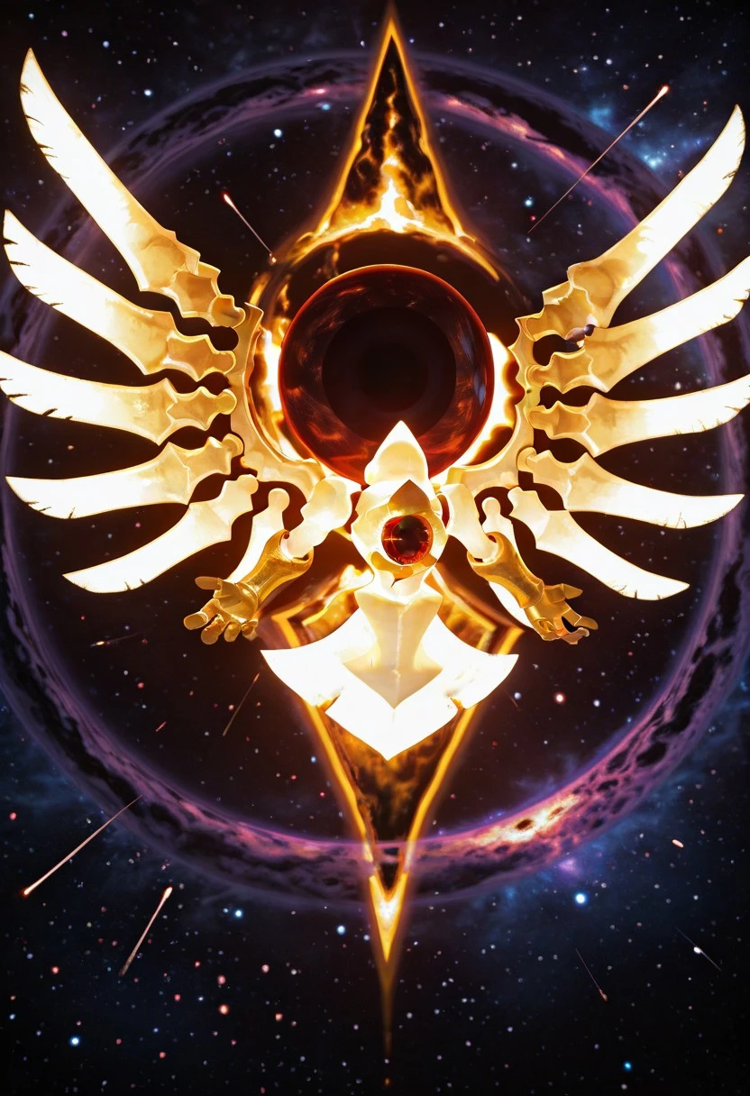 masterpiece, best quality, absurdres, 3D, solo male, Solaris, glowing gold skin, red orb in center, red eye, large wings, pointed bottom, gold arms, space, cosmos, black hole in background