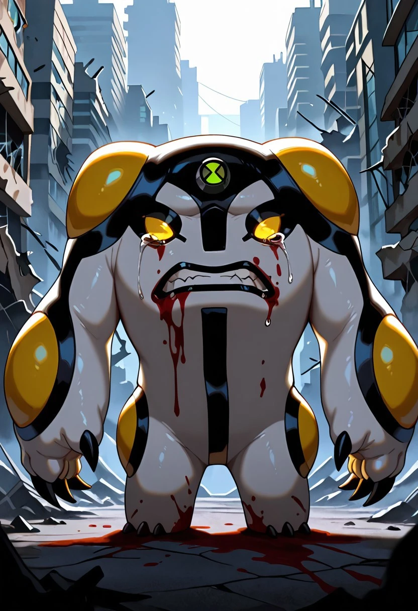 cannonbolt, claws, solo, pokemon (creature), no humans, yellow eyes, monster,
destroyed city, blood, clenched teeth, sad, tears,
,((masterpiece, best quality, amazing quality, very aesthetic, absurdres, newest, cinematic,)),