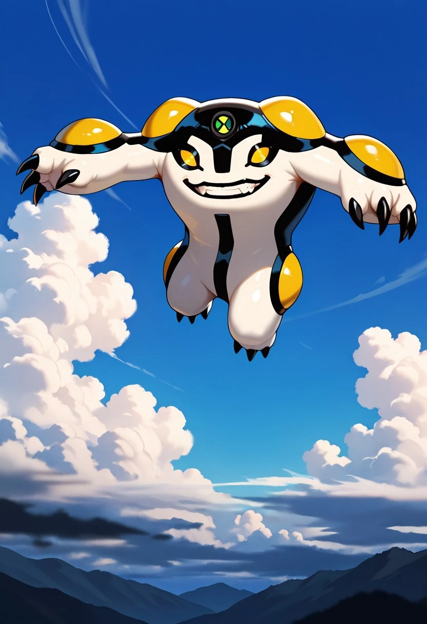 cannonbolt, claws, solo, pokemon (creature), no humans, yellow eyes, monster,
skydiving, falling from the sky, smile, teeth, clouds, blue sky,
,((masterpiece, best quality, amazing quality, very aesthetic, absurdres, newest, cinematic,)),