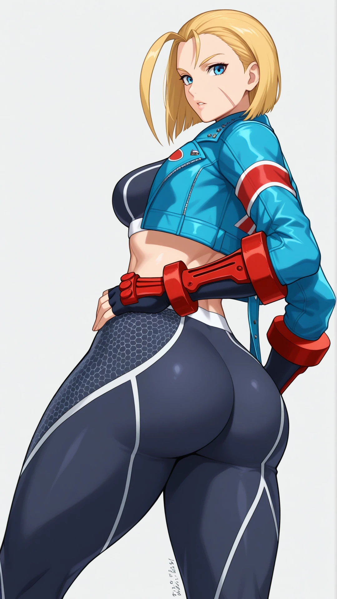 Cami SF6,alone ,sexy중년여성,  wide hips , blonde hair , blue eyes, Short hair, be good at sports , blue jacket , yoga pants, blush , Antenna hair, healthy ,( split) , sexy , from behind, ~am
