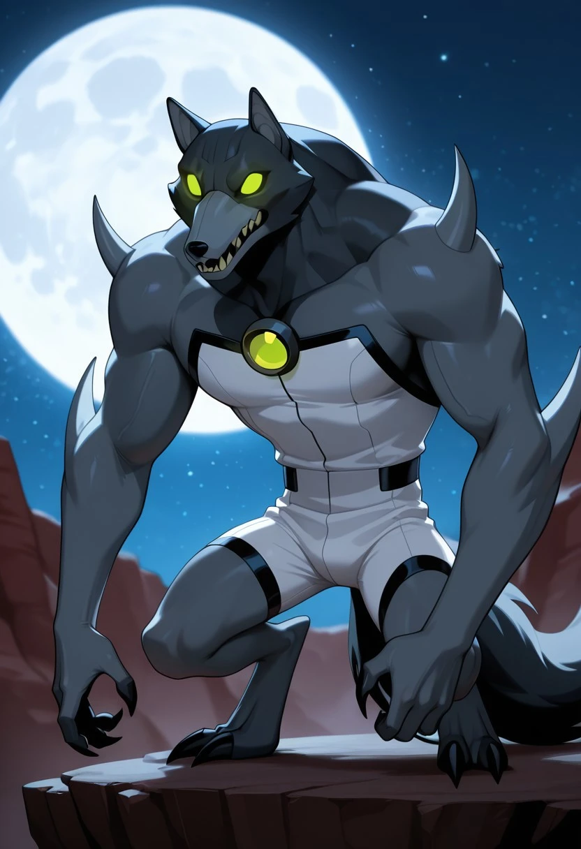 blitzwolfer, furry, 1boy, solo, furry male, green eyes, wolf boy, sharp teeth, claws, tail, white clothing, black head, black neck, arm spikes, shoulder spikes,, gray snout, dark grey body, strapless, bald, no hair, no mane,
night time, glowing eyes, dark canyon, full moon,
,((masterpiece, best quality, amazing quality, very aesthetic, absurdres, newest, cinematic,)),