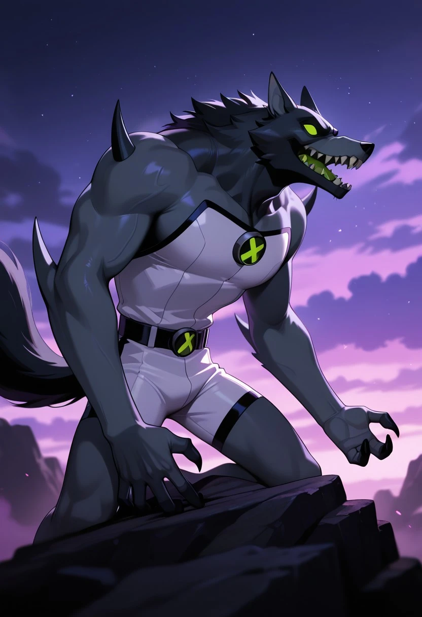 blitzwolfer, furry, 1boy, solo, furry male, green eyes, wolf boy, sharp teeth, claws, tail, white clothing, black head, black neck, arm spikes, shoulder spikes,, gray snout, dark grey body, strapless, bald, no hair, no mane,
purple clouds, dark night, purple thunder,
,((masterpiece, best quality, amazing quality, very aesthetic, absurdres, newest, cinematic,)),