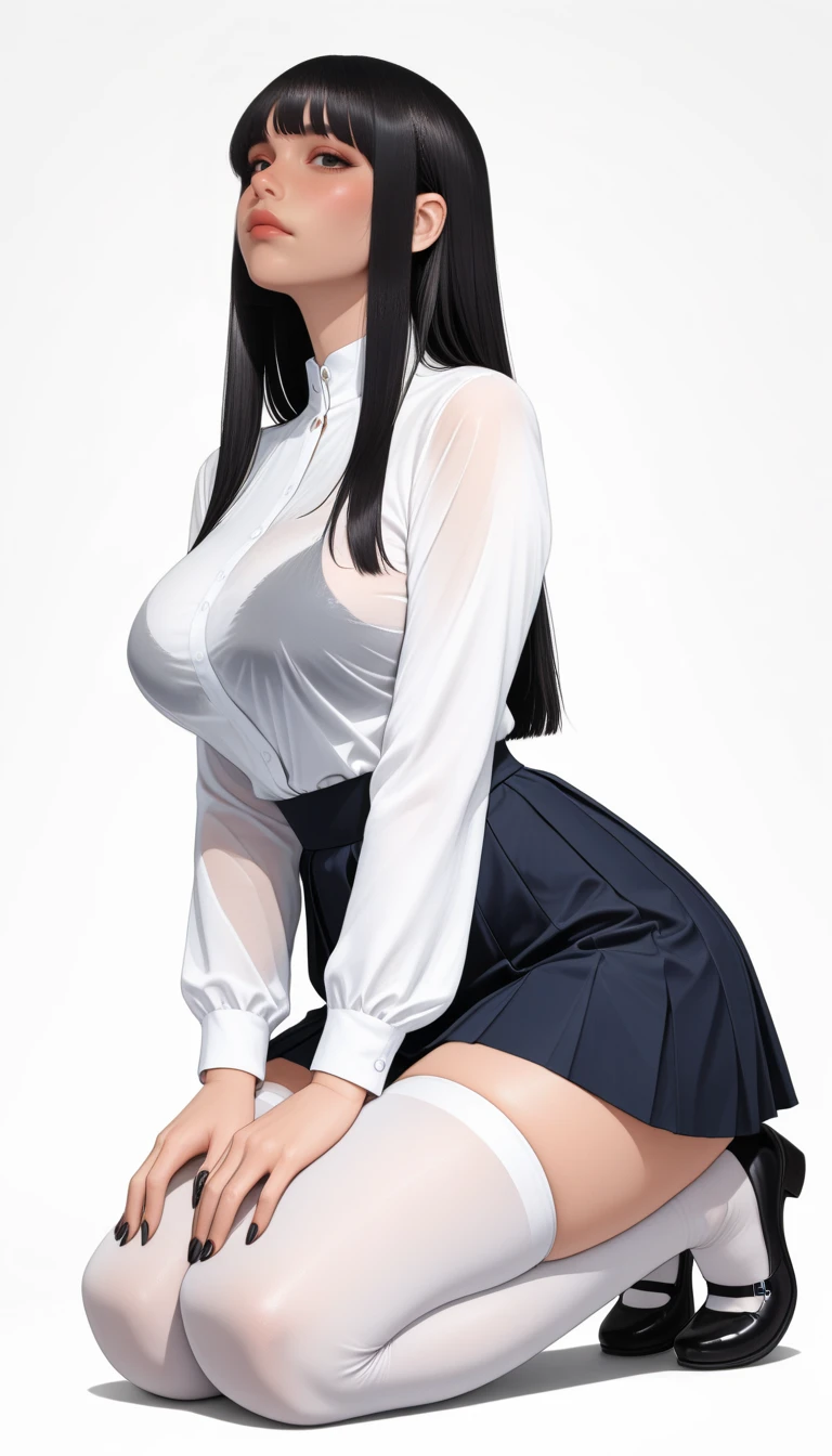 Italian girl, very long loose black hair, super mega gigantic breasts, white shirt, black pleated miniskirt, elegant shoes, slave collar, breasts tied together
