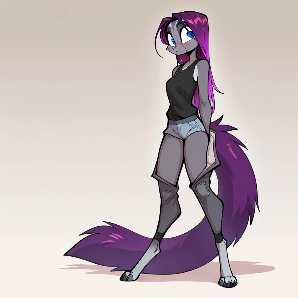 Solo:1.3, by fumiko, by hyattlen, by claweddrip, a purple anthro furry squirrel girl, purple furry body, short violet hair, purple flufffy squirrel ears, cute snout, black nose, blue eyes, wearing black shorts, black tank top, barefoot, 4 toes, no background, no tail, back against a wall, front view, standing
