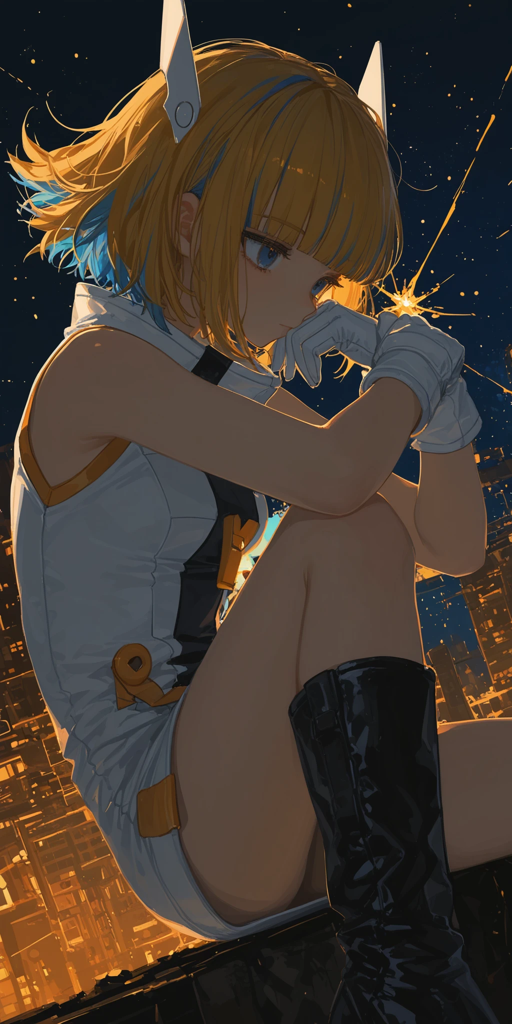 masterpiece, highest quality, divine qualities, godlike art, highly detailed face, very realistic, cute, Ai Amano,1 girl,alone,short hair,blonde hair,smile,closed mouth,brown eyes,Yellow short kimono, white pantyhose, white capelet, pink obi, pink ribbon,simple background,Upper body,Imaginary space background, (Superflat, Flat Shading, flat-colors:1.1)、(Magazine Cover)、Illustrations、(Beautiful platinum blonde hair、short-hair、American boyish girl)、crotch open、Smiling、Draw so that the crotch cloth of the beige underwear is visible.、Skirt flipping、((Torn and tattered denim skirt、Beige panties))、Choker、When I look through the viewfinder、A bracelet、Thigh strap、Body Painting、Head tilt、8K resolution、intricate clothing、Intricate details、1girll、Solo、a blond、Standing、Cowboy Shot、Arms at sides、a miniskirt、Detailed panties、((from behind、hindquarters、heart cutout、hip incision))、Volumetric lighting、Soft light、Bright、neons、Vibrant colors、watercolor paiting、
